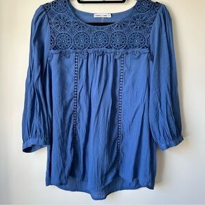 Fig and Flower Blue Blouse with Crochet Details